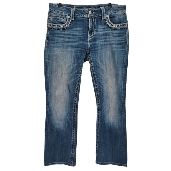 Miss Me Boot Cut Mid Rise Embellished Pocket Y2K 90s Denim Blue Jean 32 VTG - Picture 8 of 13